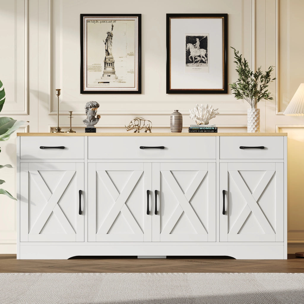 Credenza e madia con 3 cassetti e 4 ante in MDF, stile industriale, per soggiorno e ingresso, bianco 160 × 37 × 75 cm