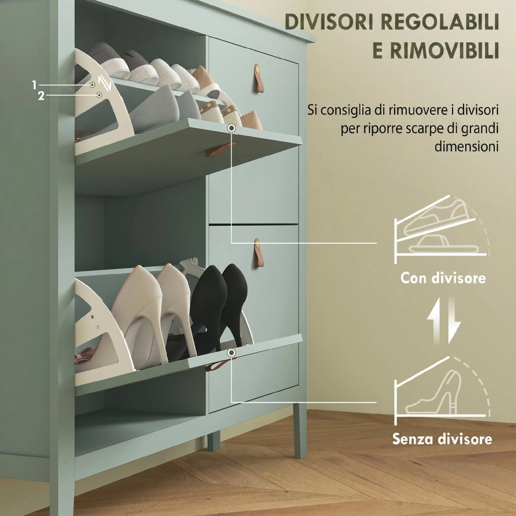 Scarpiera Slim 4 Cassetti per 20 Paia di Scarpe Taglia EU44 e Ripiani Regolabili, 105x24x95.5cm, Verde