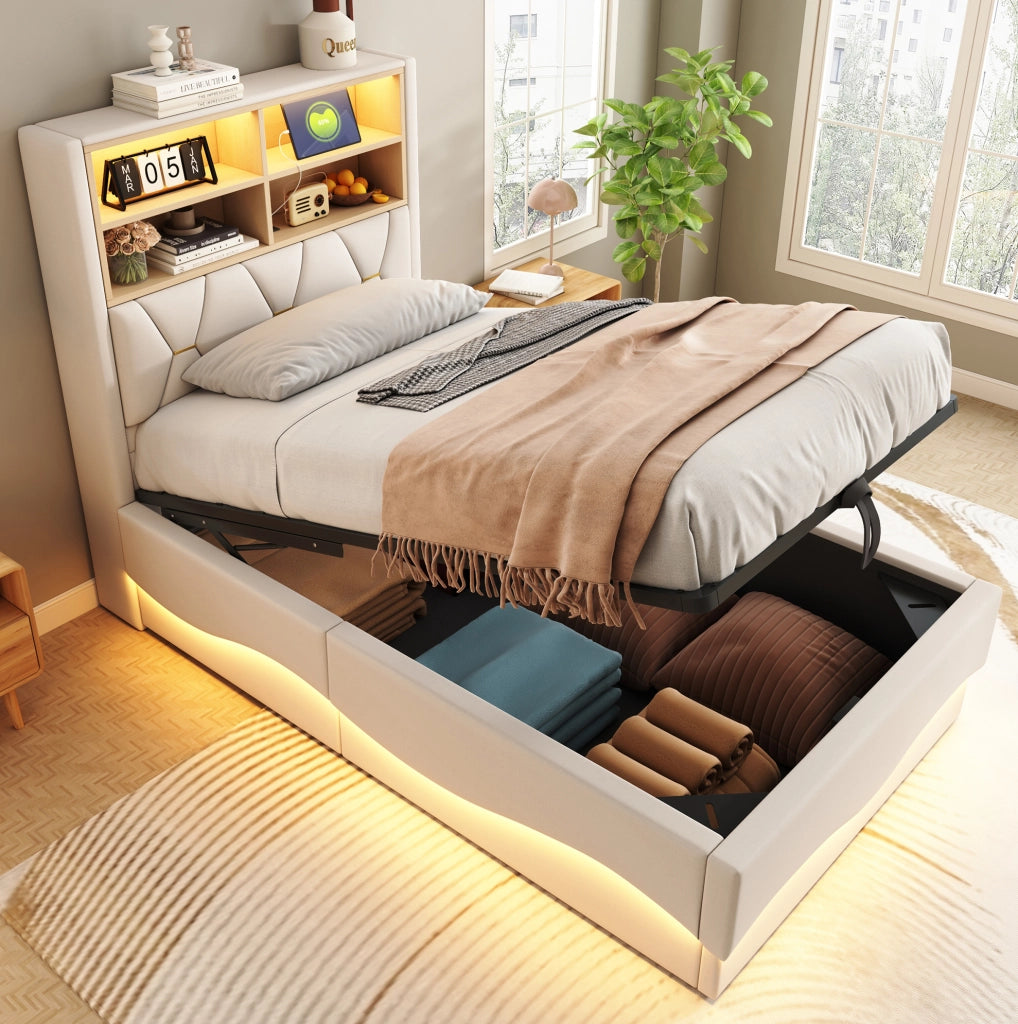 Letto per bambini 90x200 cm con contenitore; LED e USB in ferro e lino beige