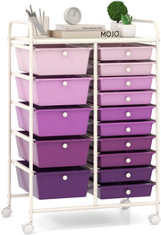 Carrello con 15 Cassetti Impilabili, Carrello di Stoccaggio con Ruote, Carello Portaoggetti per Casa e Ufficio, 62,5 x 37 x 87 cm (Viola)