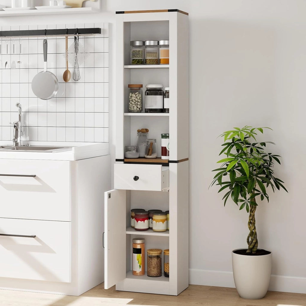 Mobile bagno, colonna bagno con cassetto scorrevole, ripiano regolabile e 3 scomparti aperti, armadio portaoggetti stretto per soggiorno, lavanderia, cucina, bianco
