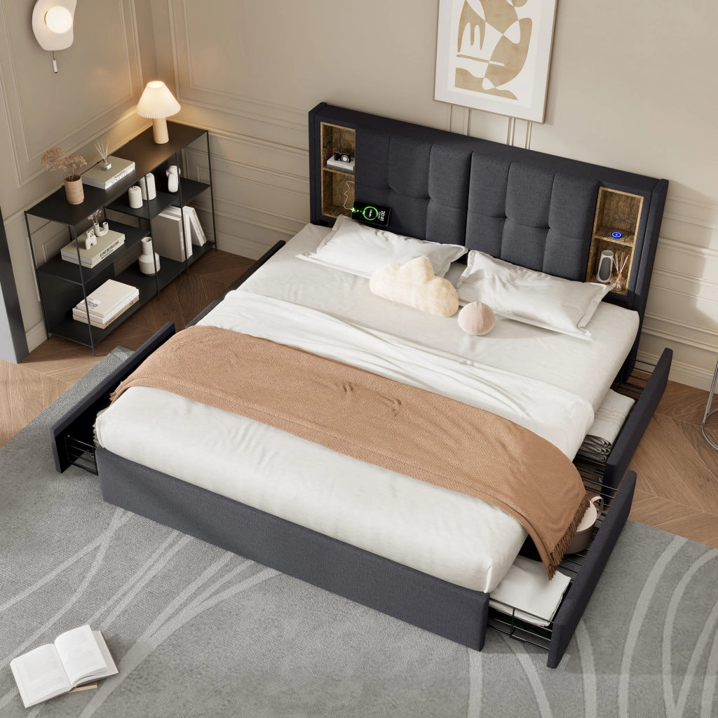 LETTO imbottito 160x200 cm Grigio in lino con ricarica wireless USB-C e materasso incluso