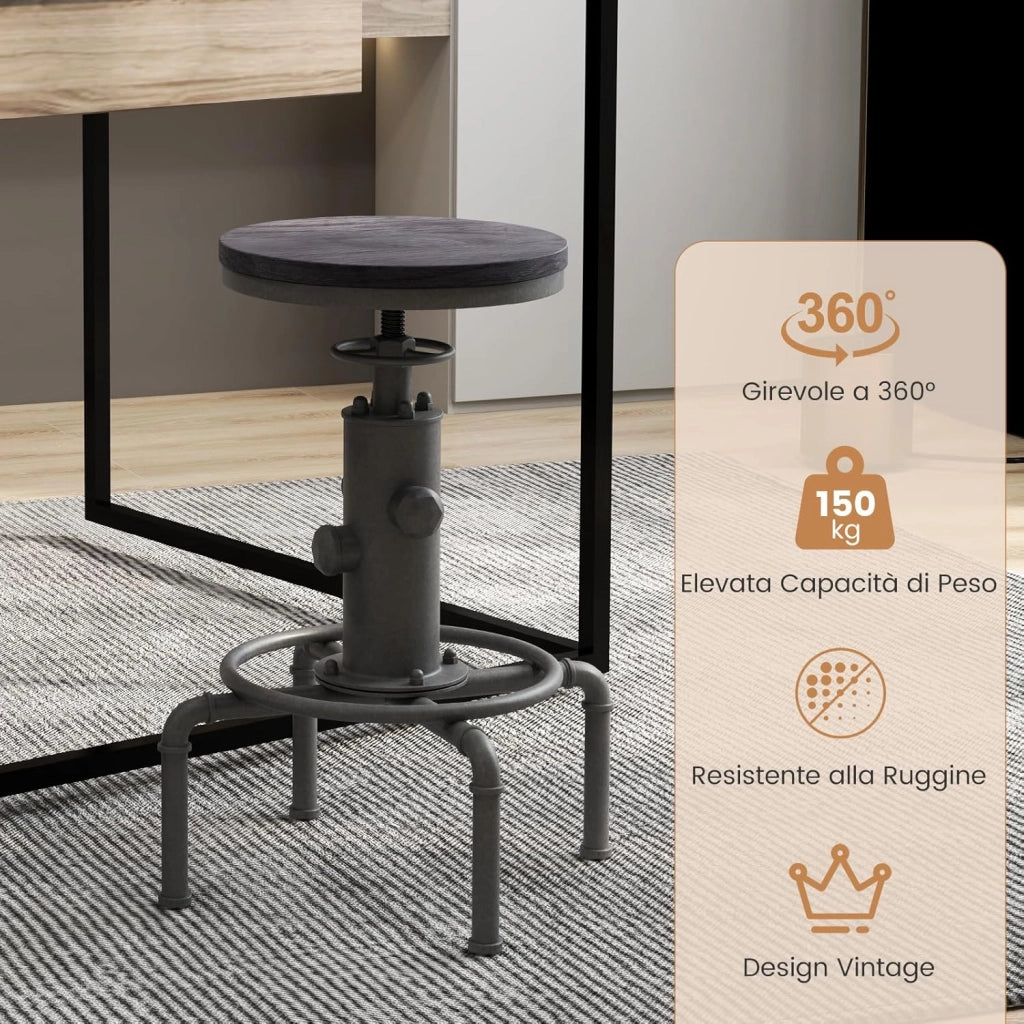 Sgabelli da Bar Industriale Girevole 360°, con Poggiapiedi, Sgabello Cucina Seduta Tonda Altezza Regolabile 60-75 cm, in Ferro e Pino (Grigio, 1)