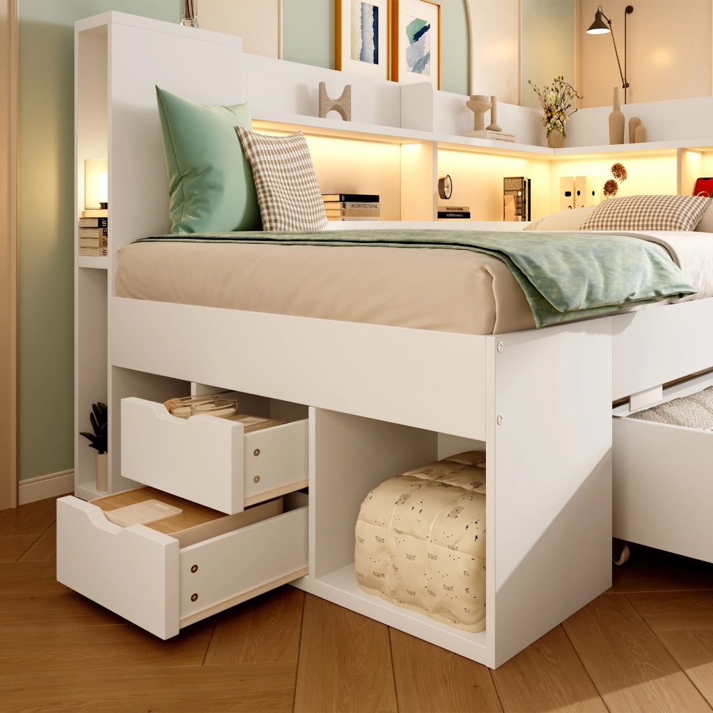 DESMIU Letto divano 90 × 200 cm 1 posto con USB, Type-C, LED, ripiani e cassetti, senza materasso, bianco