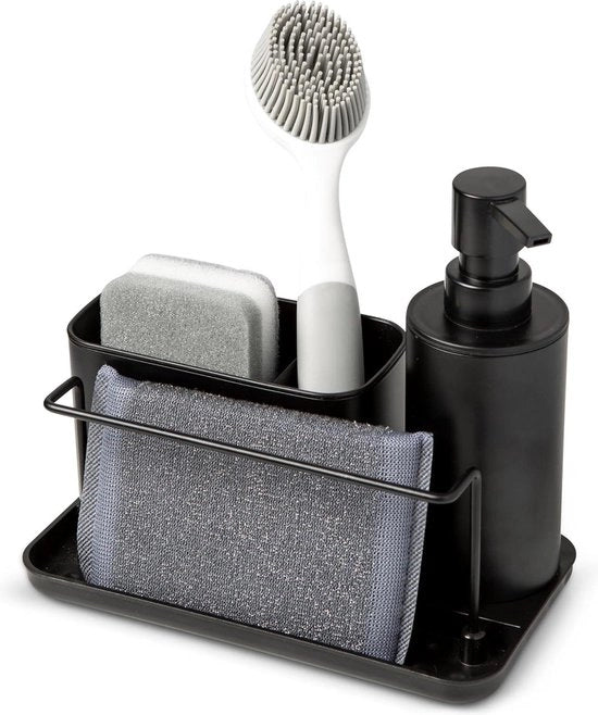 Organizzatore per la vasca da lavastoviglie e dispensatore per il detersivo - insieme da cucina con dispensatore per lo spazzolino - supporto per lo spazzolino - supporto per la spugna - ideale per la vasca da lavastoviglie - nero - 21x12x19 cm