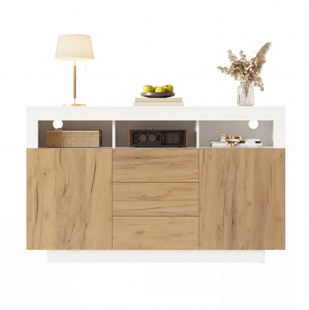Credenza 140x40x85 cm con 3 cassetti; 2 ante e 3 vani aperti; bianco e naturale