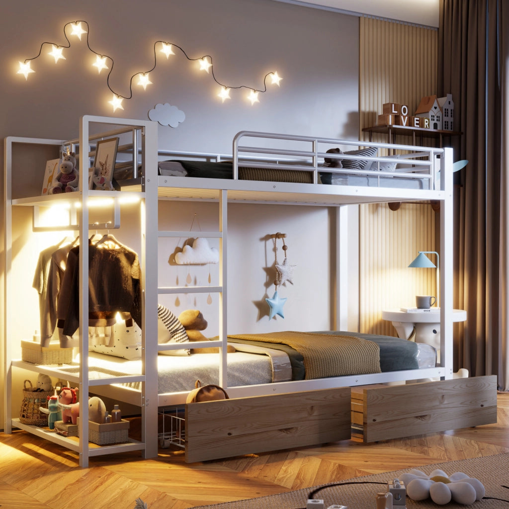 Letto a castello 90 x 200 cm bianco con LED, cassetti, ripiani e barra appendiabiti