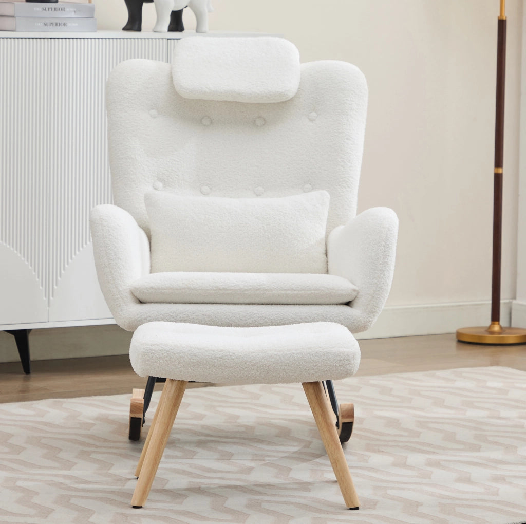 Sedia a dondolo 73x92x102 cm con cuscino per il collo e lombare e poggiapiedi in tessuto teddy bianco