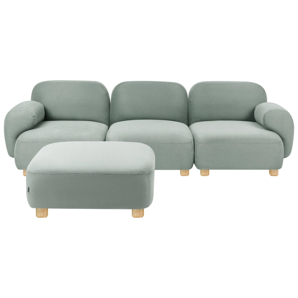 Divano modulare a 3 posti in tessuto con pouf tre elementi idrorepellente gambe in legno verde chiaro stile moderno