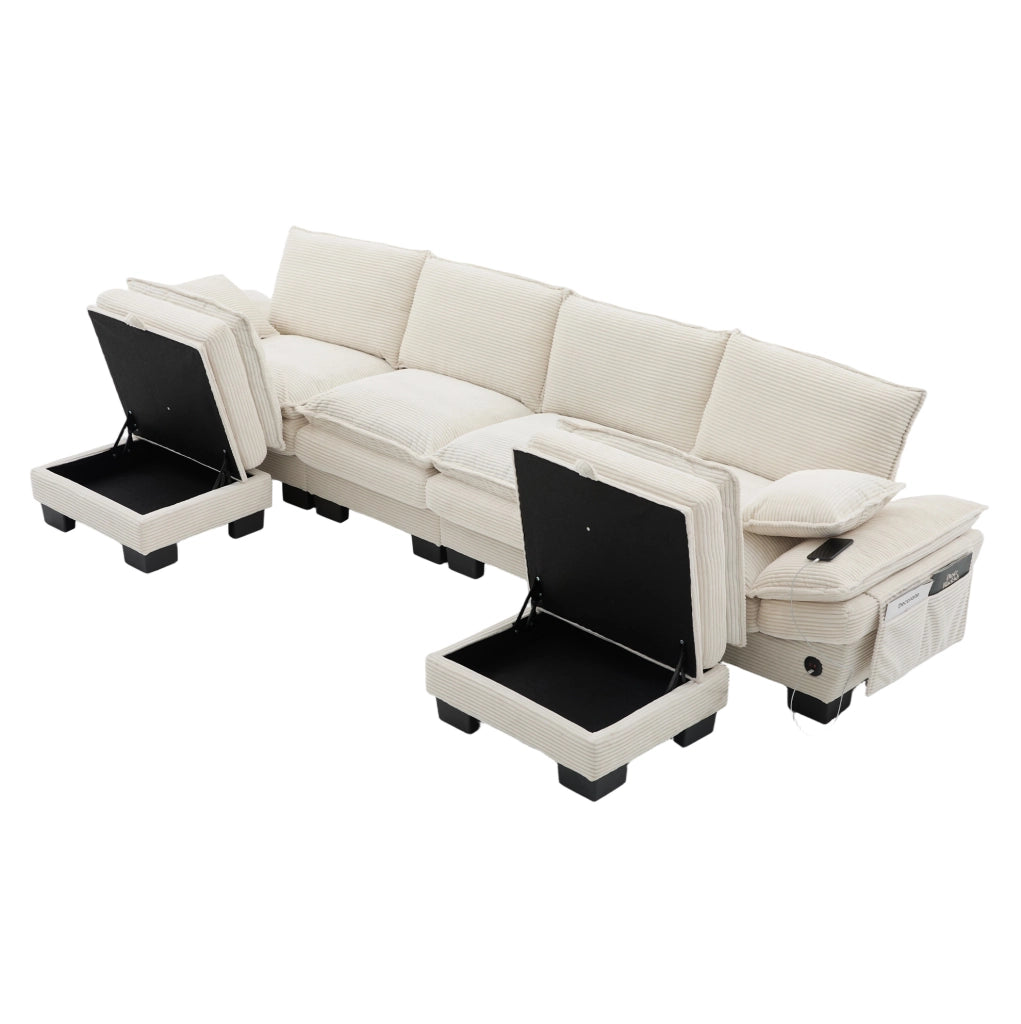 Divano modulare 4 posti in velluto a coste beige con 2 pouf