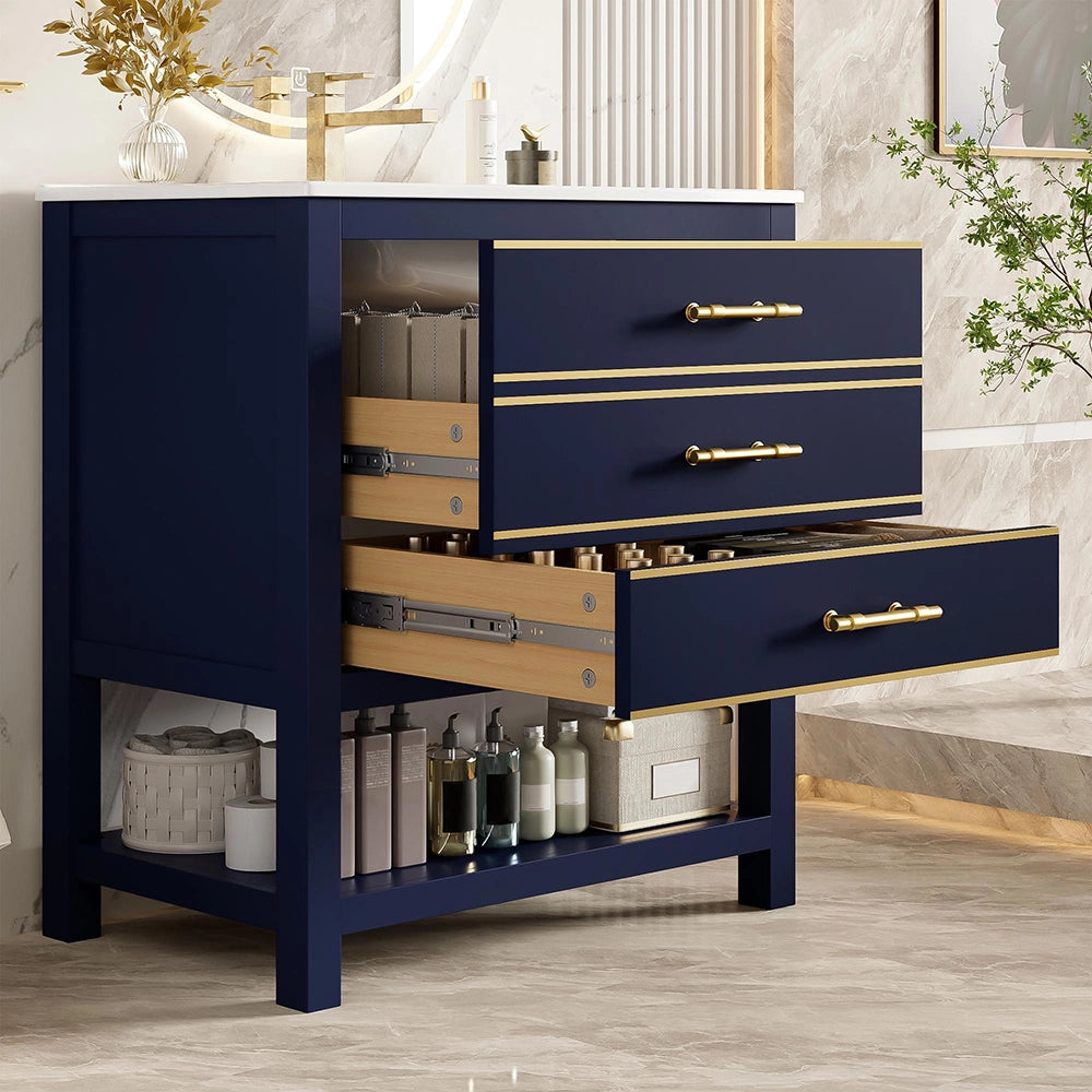 Armadietto sottolavabo bagno con lavabo ceramica - Xylo - 2 cassetti e scomparto aperto