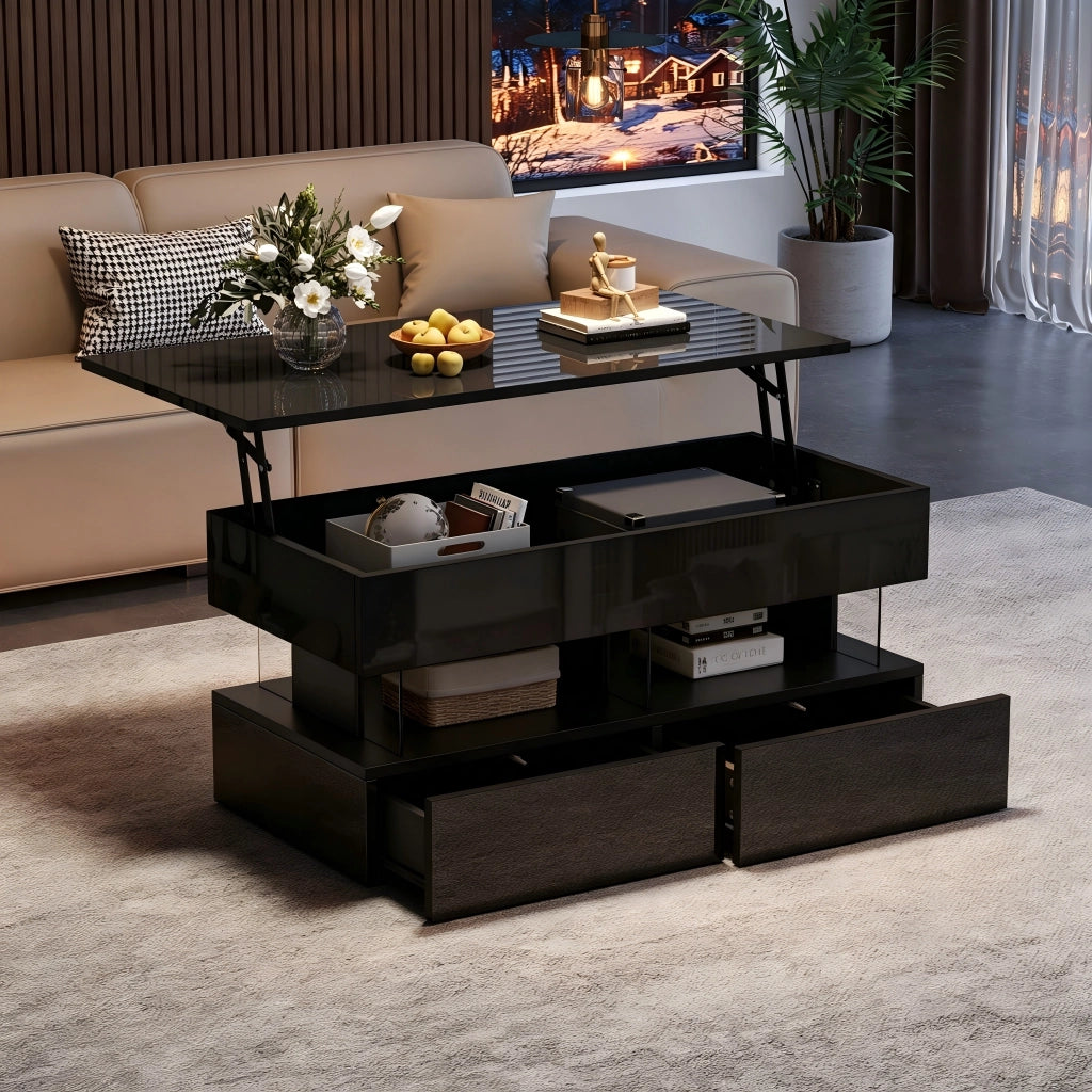 Tavolino da caff¨¨ sollevabile 100 x 50 x 46 cm nero con contenitore nascosto, 2 cassetti e illuminazione LED