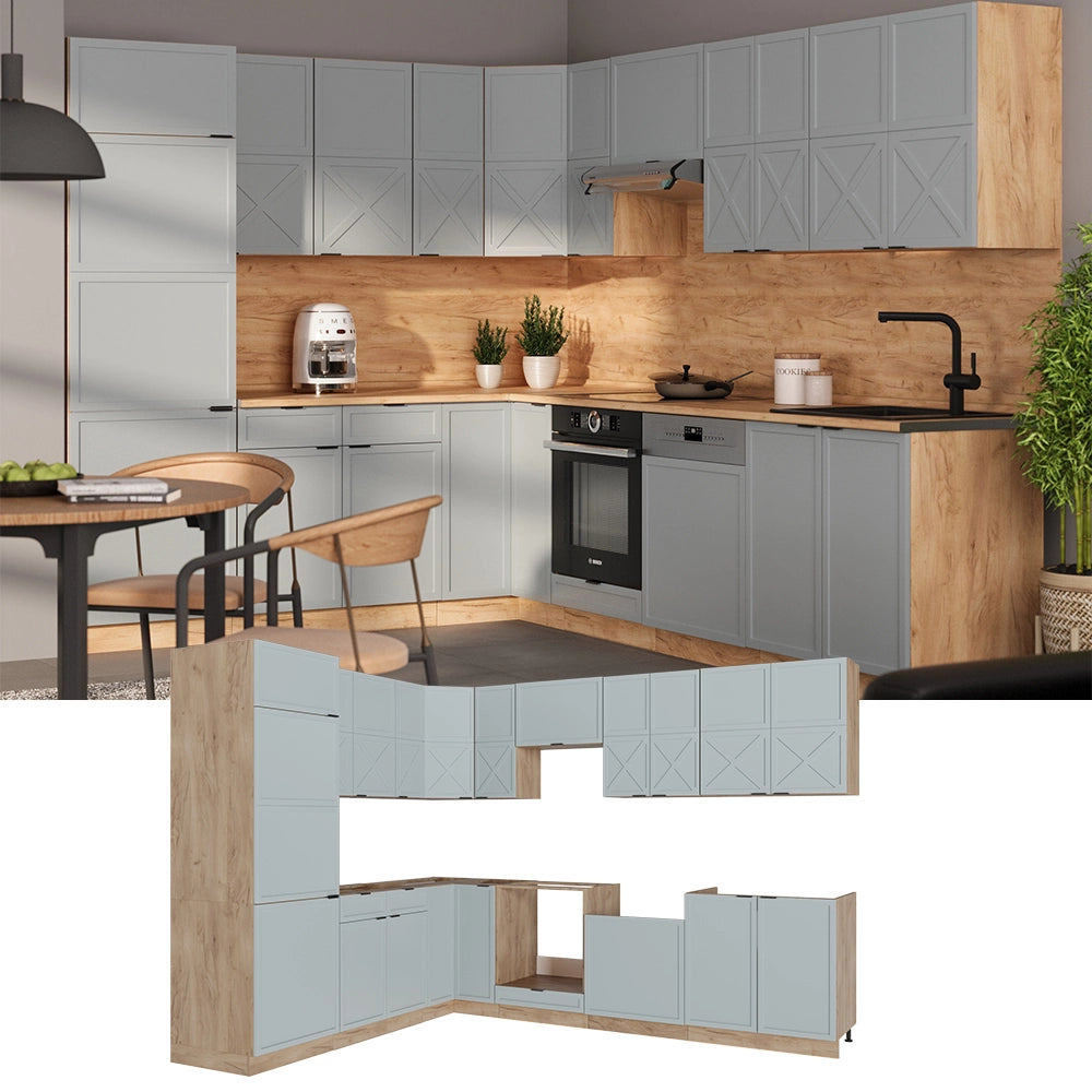 Cucina angolare completa Fame-Line Blu-grigio chiaro/Rovere dorato 227 x 60 cm, PL Marmo Vicco