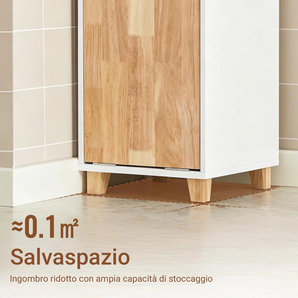 Mobile Bagno - Mobiletto Bagno Salvaspazio con Cesto Portabiancheria Pieghevole, Mobile Alto e Stretto in Legno Resistente all’Umidità, Bianco, 31x170x32 cm, BZR74-W