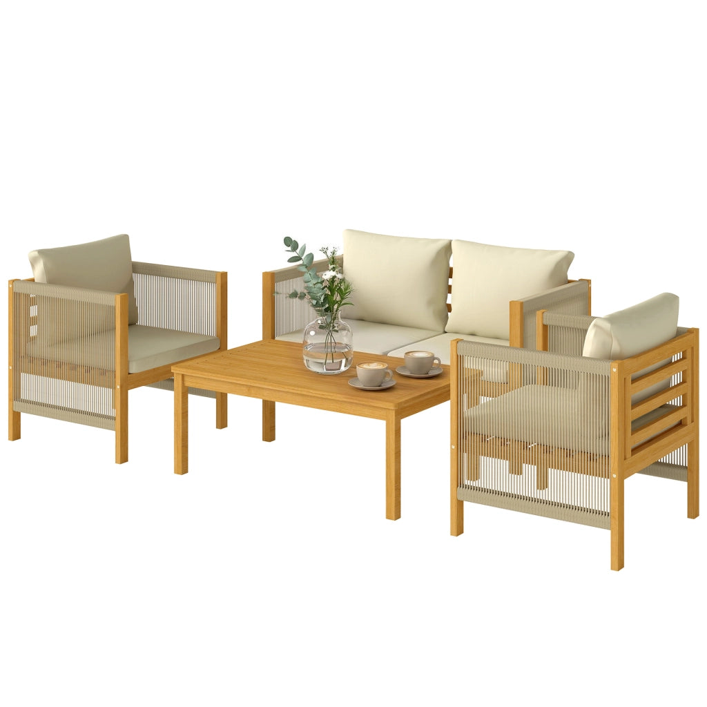 Set da Giardino 4 Pezzi. Legno di Acacia. Patio Conversazione con Cuscini Beige