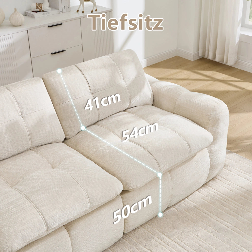 Divano modulare a 3 posti senza struttura in ciniglia con design trapuntato e cuscini morbidi per relax beige