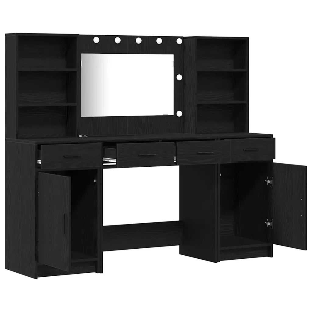Set da Toeletta | Tavolo da Trucco con LED con cassetto 3 pz Rovere Nero