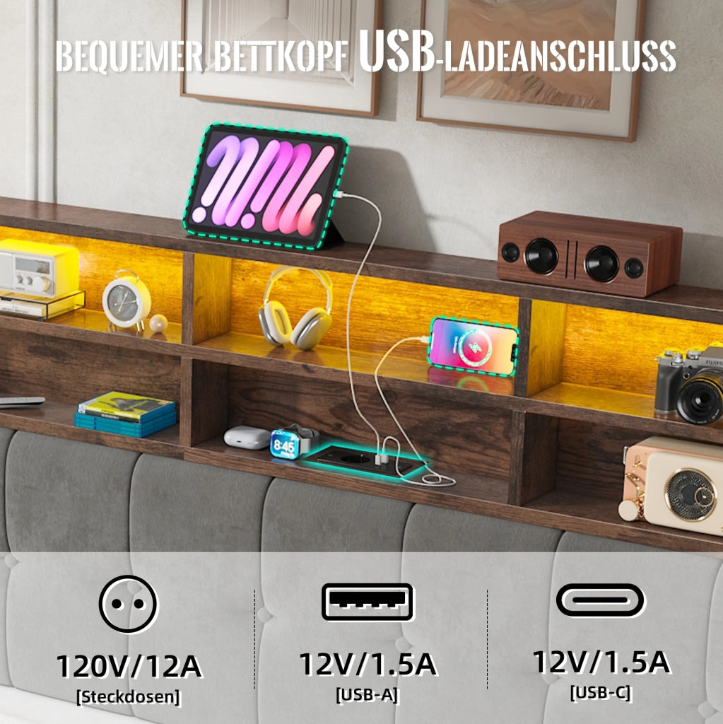 Letto contenitore 180x200 cm in velluto grigio scuro con LED e USB-C