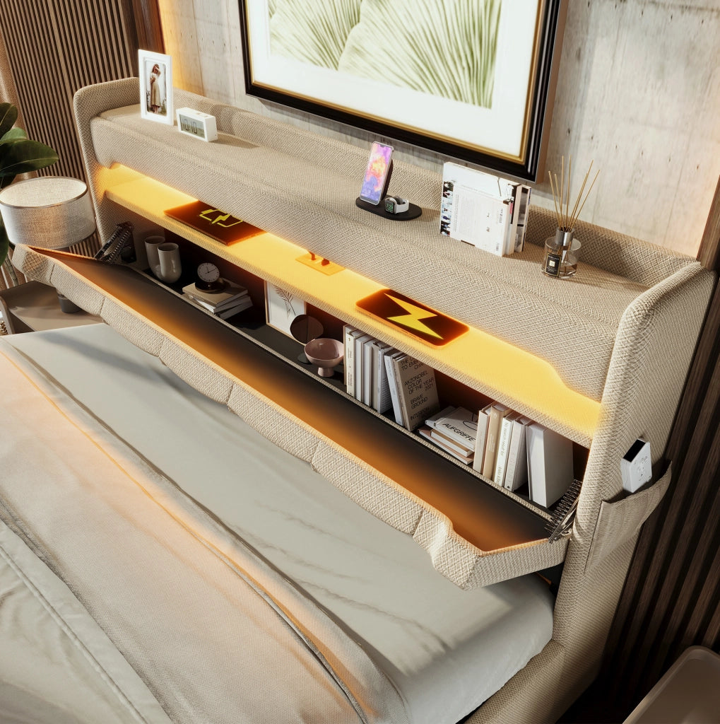 Letto imbottito 140x190 cm con LED, testiera contenitiva e porte USB/Type-C