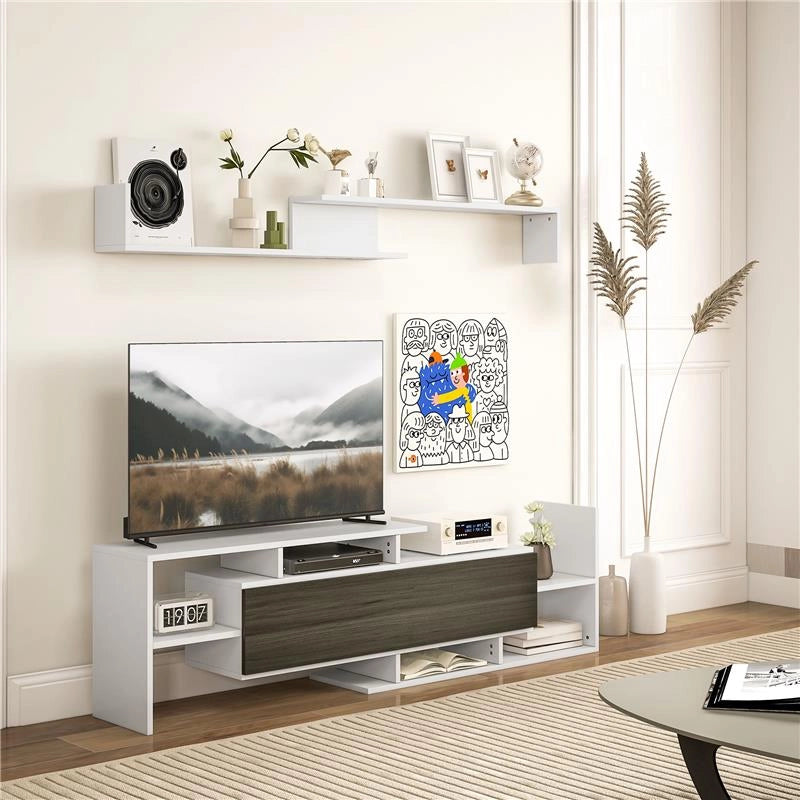 MOBILE TV CON MENSOLA A MURO RIPIANI APERTI E ARMADIETTO IN LEGNO BIANCO E NERO