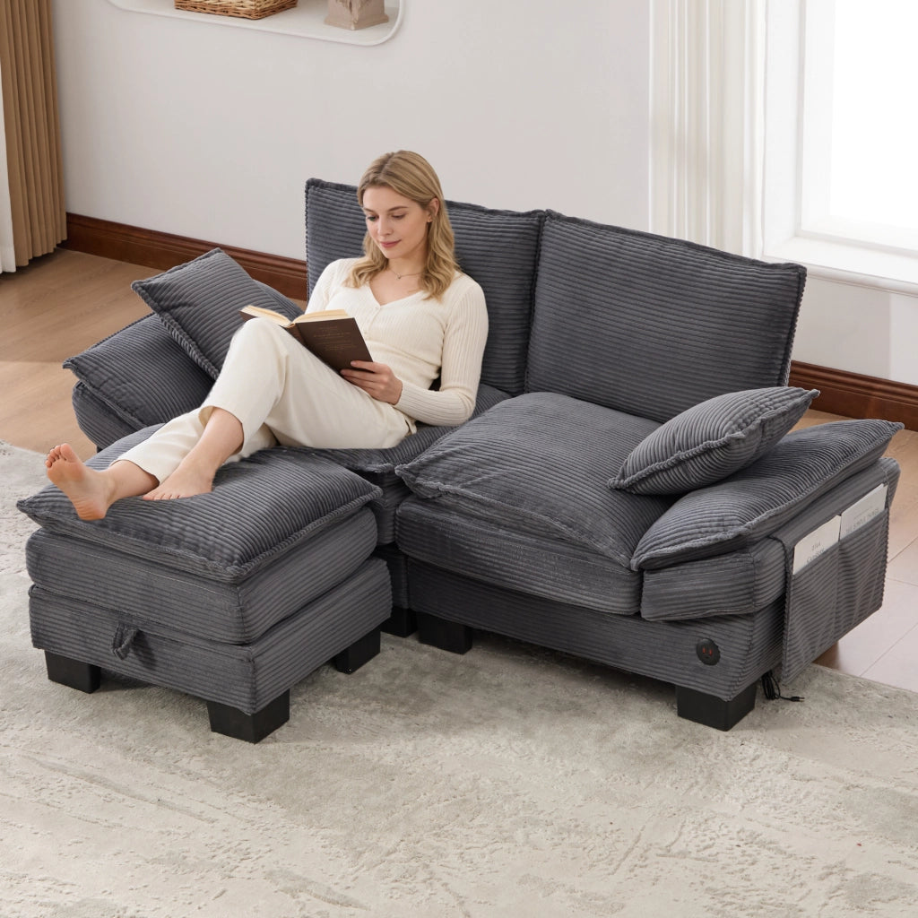 Divano 2 Posti con Poggiapiedi ¨C MINIMAL ¨C Tessuto Grigio Scuro, Cuscini, Braccioli