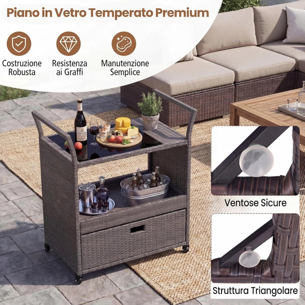 Carrello Bar in Rattan PE, Tavolo Bar da Esterno con Ruote, Ripiano Aperto, Cassetto e Piano in Vetro Temperato, Carrello di Servizio con Maniglie per Giardino, Cortile, Piscina, 85 X 47 X 92 CM