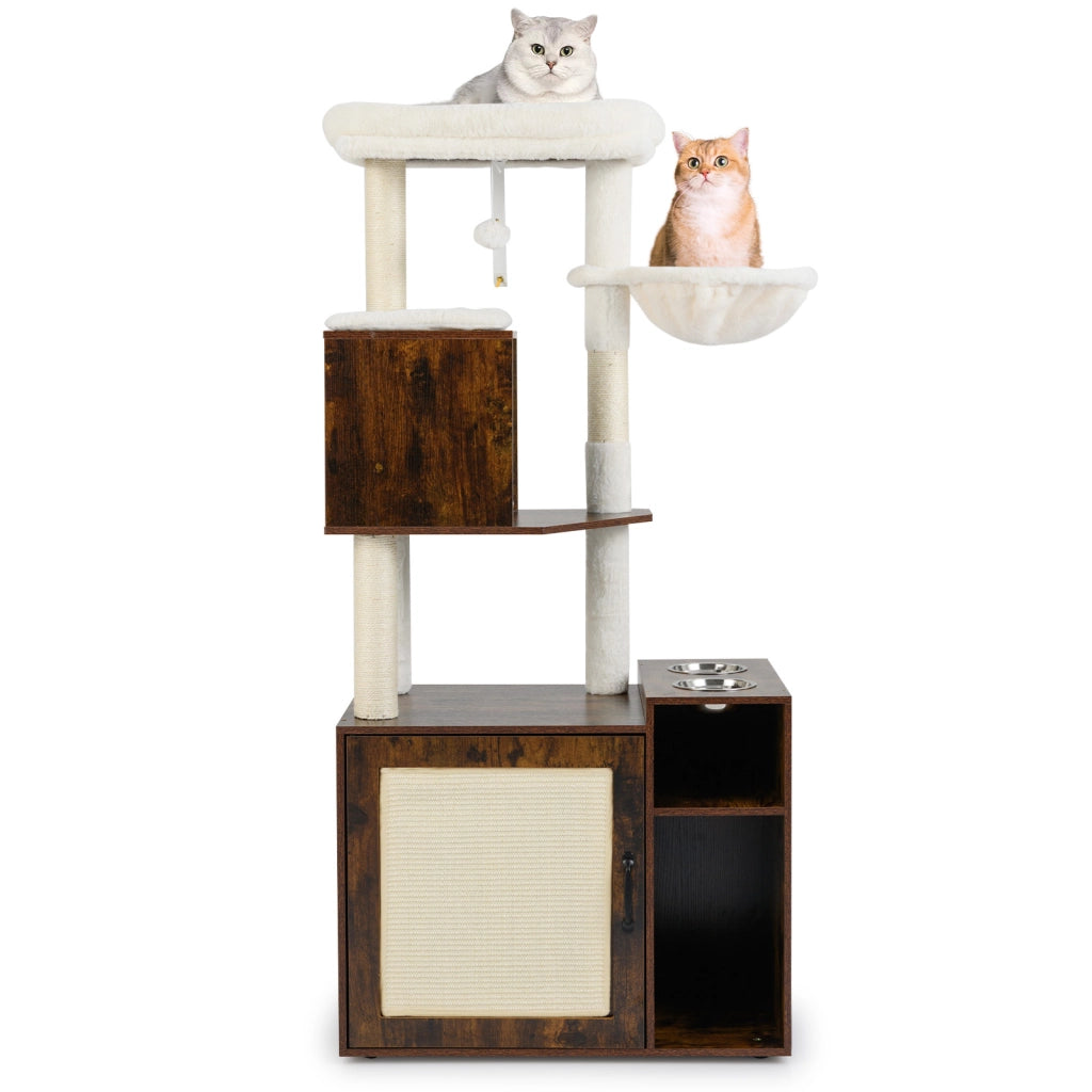 Mobiletto per lettiera per gatti-Torre d¡¯arrampicata con posto graffio in sisal e tappetino Marrone