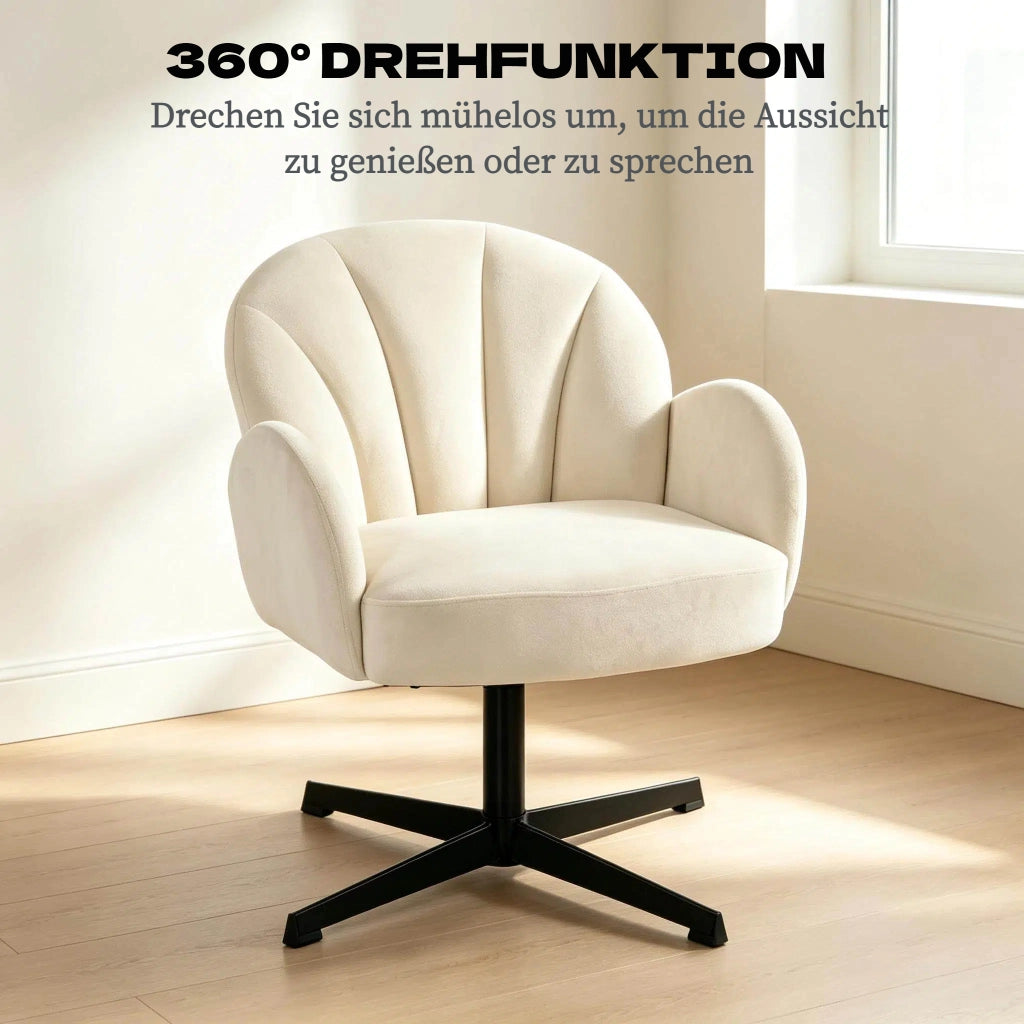 Poltrona girevole a conchiglia da salotto con schienale ergonomico e seduta imbottita in velluto beige e nero moderna