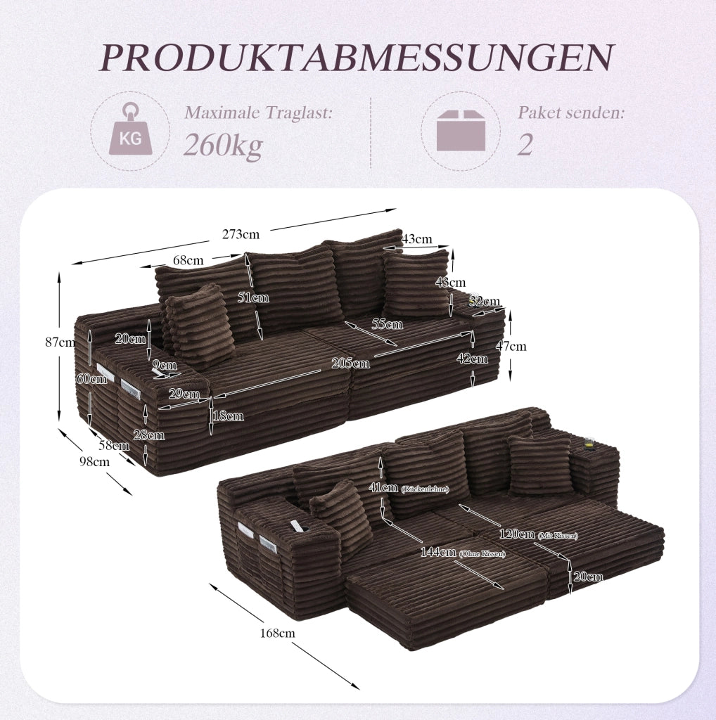 DIVANO Letto in velluto a coste 273x98x87 cm Coffee