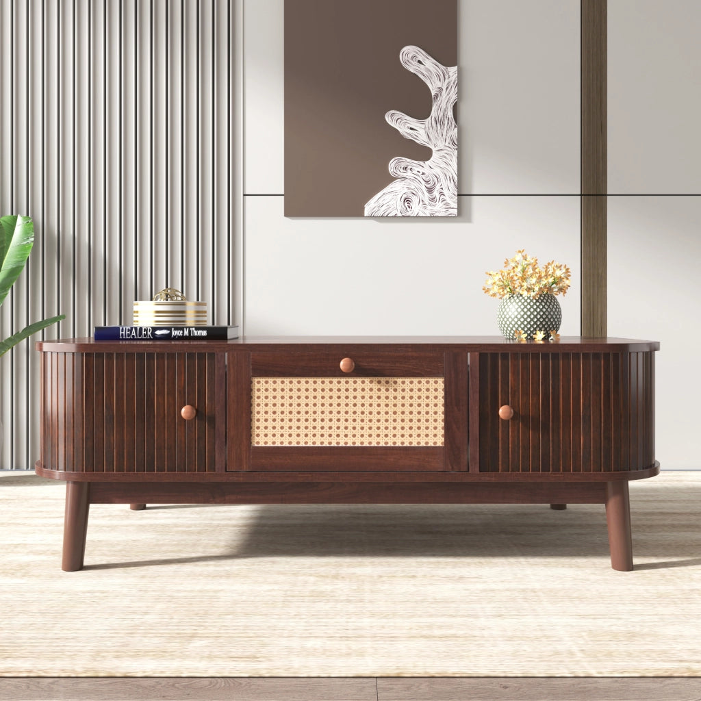Tavolino da Caffè con 2 Cassetti e 2 Ante Scorrevoli; Rattan; Stile Country; in MDF; Naturale; 110×55×38;5 cm