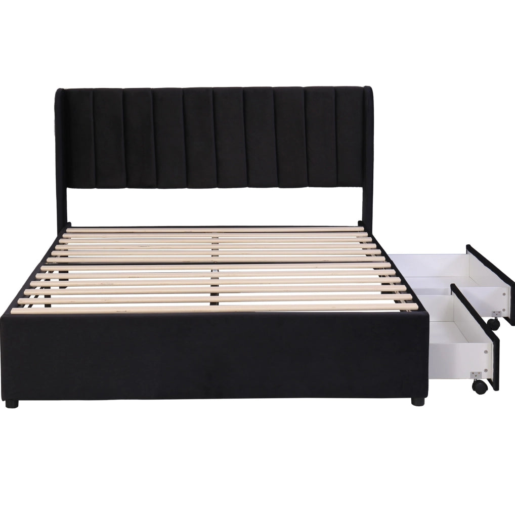 Letto matrimoniale 140x200 cm con 2 cassetti; velluto nero (Senza materasso)