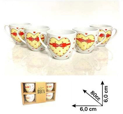 Set 6 Tazzine Tazze da Caffè in Ceramica senza Piattini Cuori