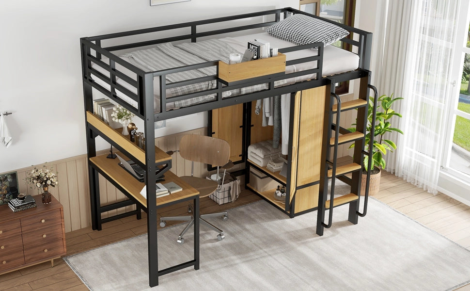 DESMIU Letto a Soppalco 1 Piazza con Armadio a 2 Ante, Scrivania e Scaffale, 90 × 200 cm, senza materasso