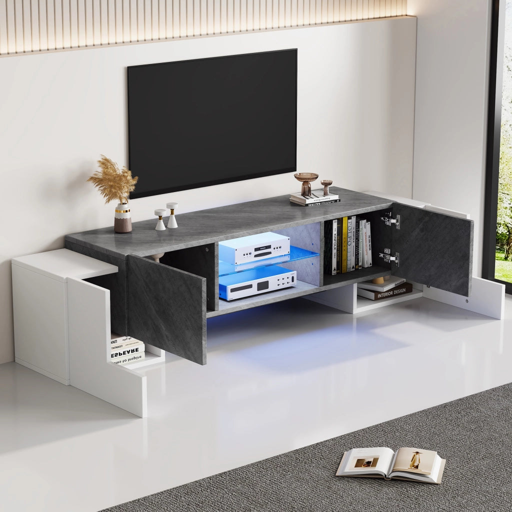 Mobile porta TV con LED, 4 ante, 3 vani e ripiani in vetro, per soggiorno, in MDF, bianco e grigio, 180 × 40 × 46,5 cm