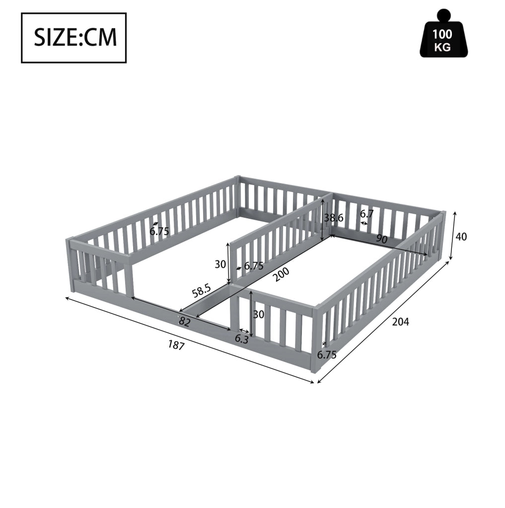 Letto basso per bambini 2 posti 90x200 cm con sponde grigio