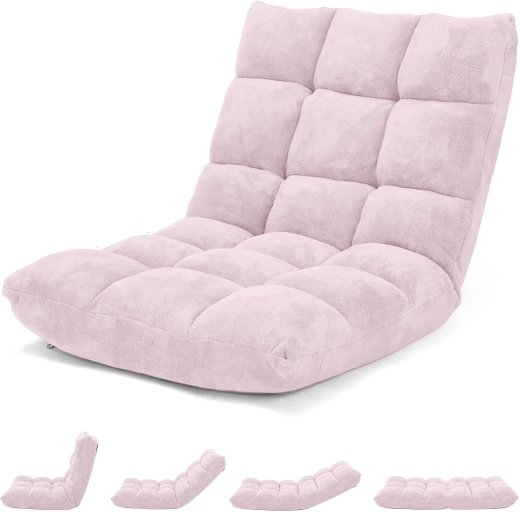 Sedia da Pavimento, Sedia Imbottita Regolabile in 14 Posizioni, Poltrona Salotto per Relax, Yoga, Lettura (Rosa chiara)