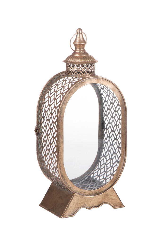 Lampada Lanterna Decorativa Ovale 41 cm in Metallo e Vetro Champagne
