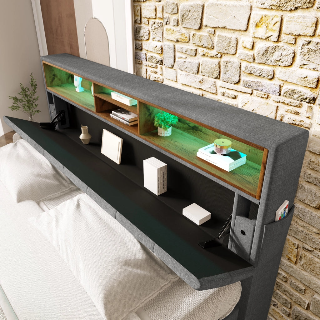 DESMIU Letto Matrimoniale 140 × 200 cm con Contenitore su Testiera, LED Regolabile e Vano, senza Materasso, Grigio