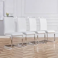 Set di 4 sedie da pranzo a sbalzo, struttura in metallo cromato, Schienale in pelle PU, 42x 54 x 100 cm, Bianco