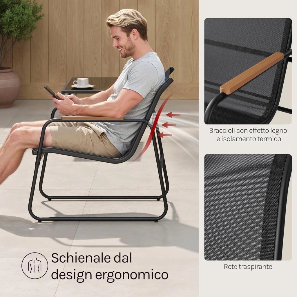 Set di Mobili da Esterno 4 Pezzi, Tavolo, Divano e 2 Sedie, Salotto da Giardino Resistente alle Intemperie, Struttura in Metallo, Tessuto Traspirante, per Balcone, Patio, Terrazza, Nero