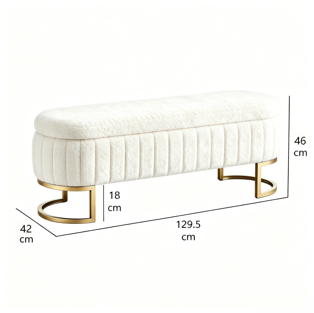 Panca contenitore in velluto crema 130 cm con piedi dorati