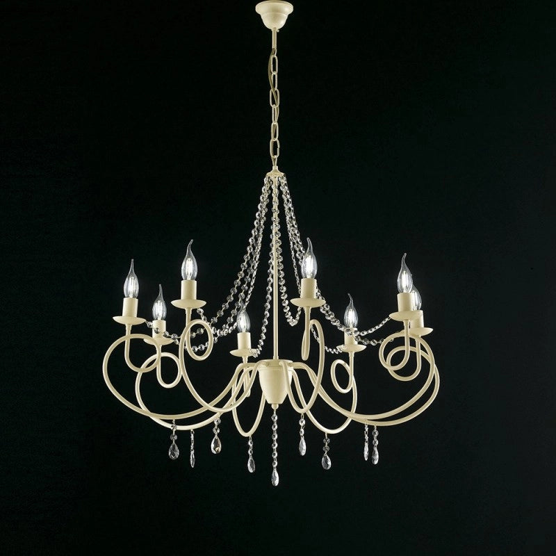Lampadario in ferro Avorio otto luci decorazione decape e strass 80x h75 cm