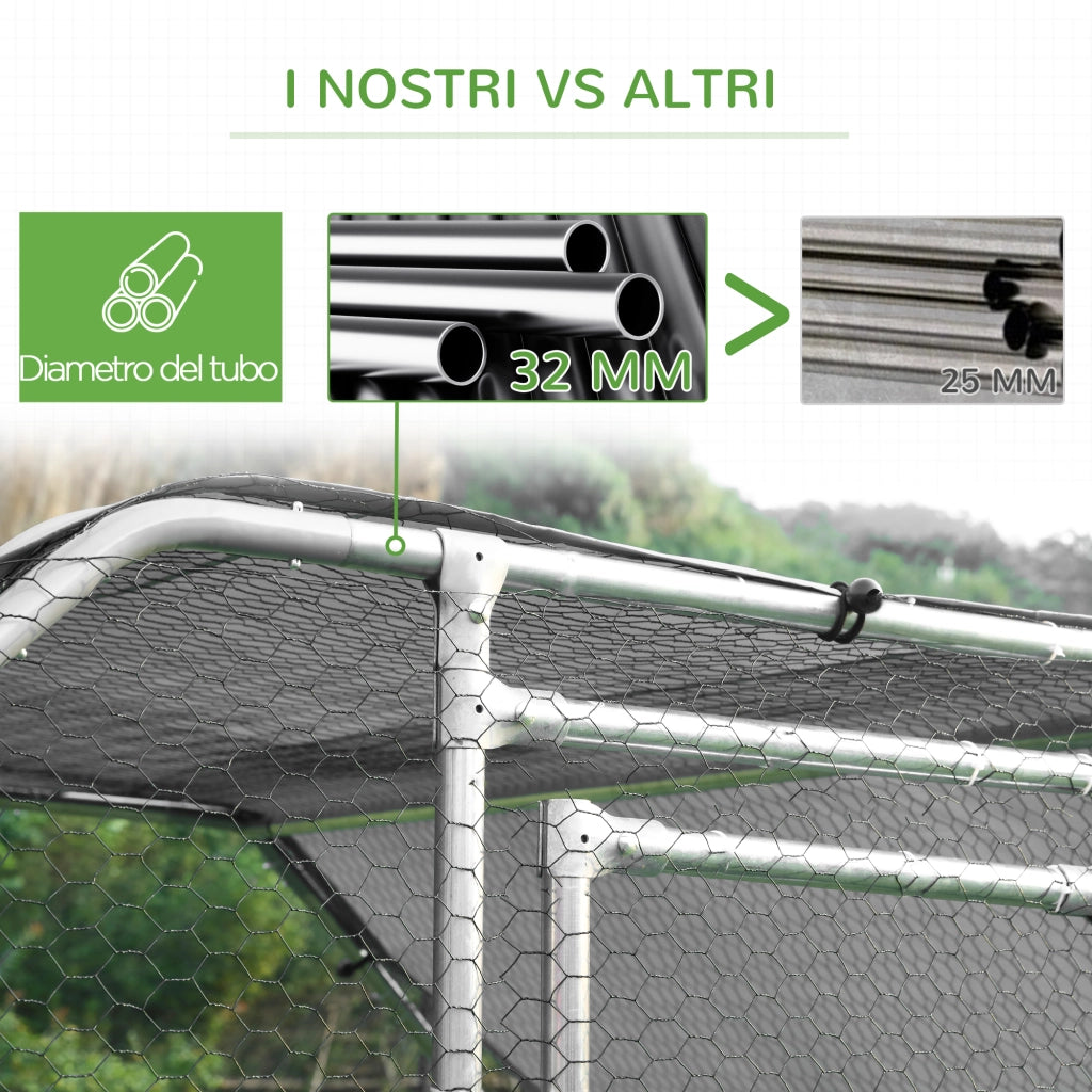 Easycomfort Recinto Gabbia per Galline da Esterno in Metallo Galvanizzato, Pollaio per Galline Ovaiole da Esterno, Porta con Blocco e Sezione con Tessuto Oxford, 280x380x195 cm, Argento