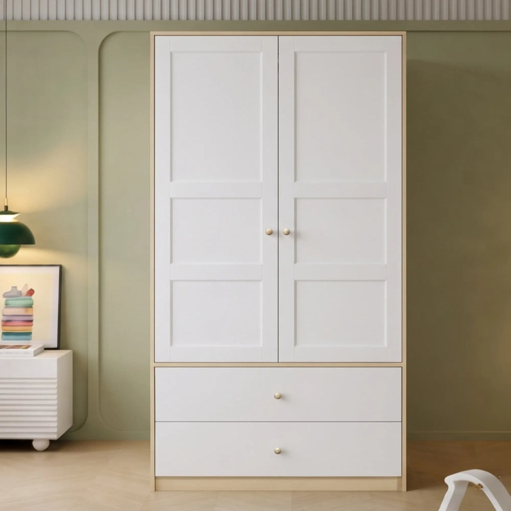 Armadio 2 ante con 2 cassetti e appendiabiti, 100x48x180 cm, bianco e effetto legno
