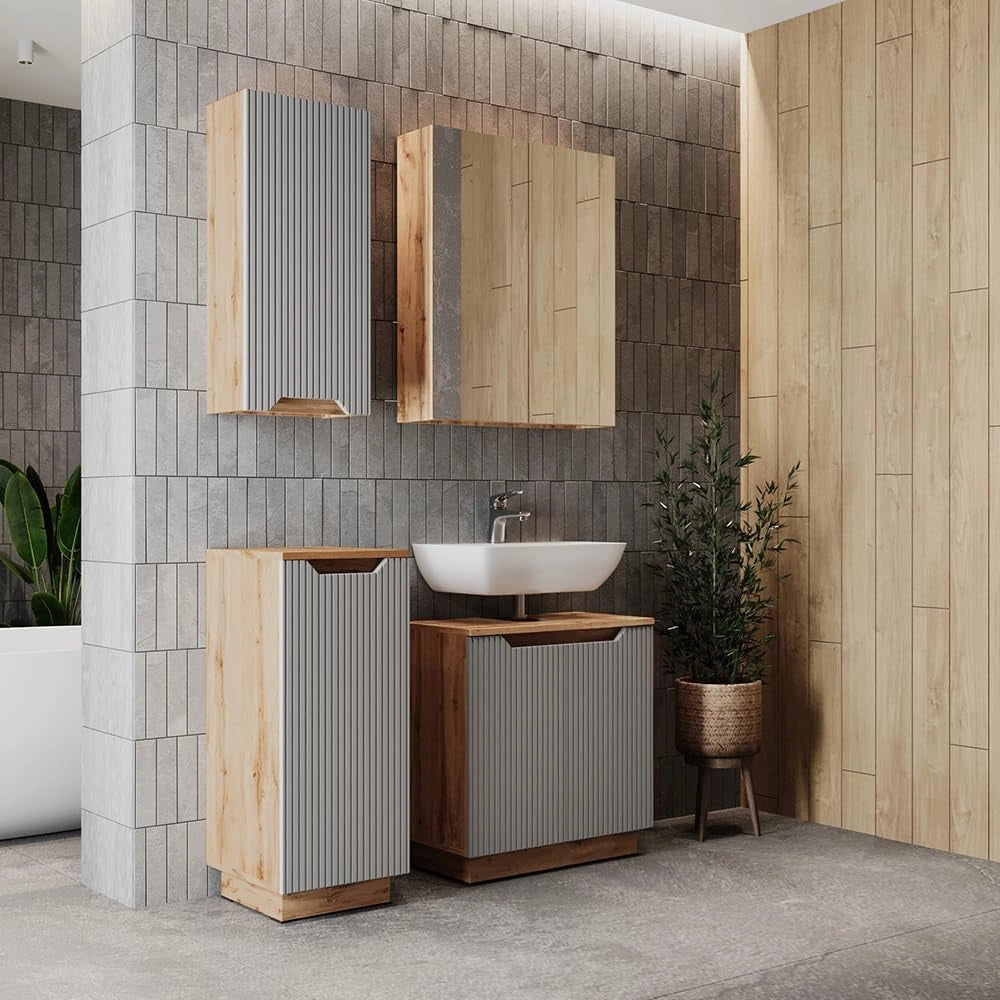 Set di mobili da bagno Lotta, Rovere/grigio a righe, 4 parti