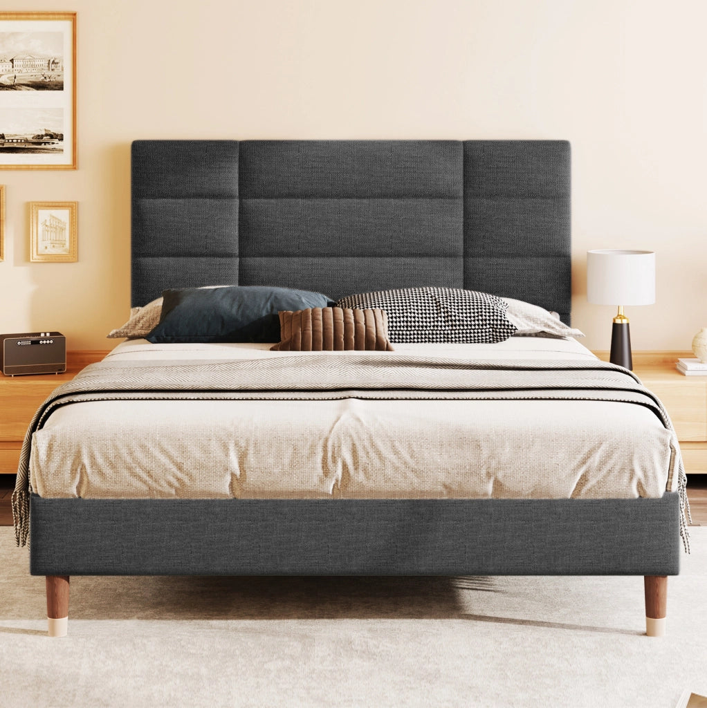 Letto imbottito 140x200 cm con testiera e rete a doghe, grigio
