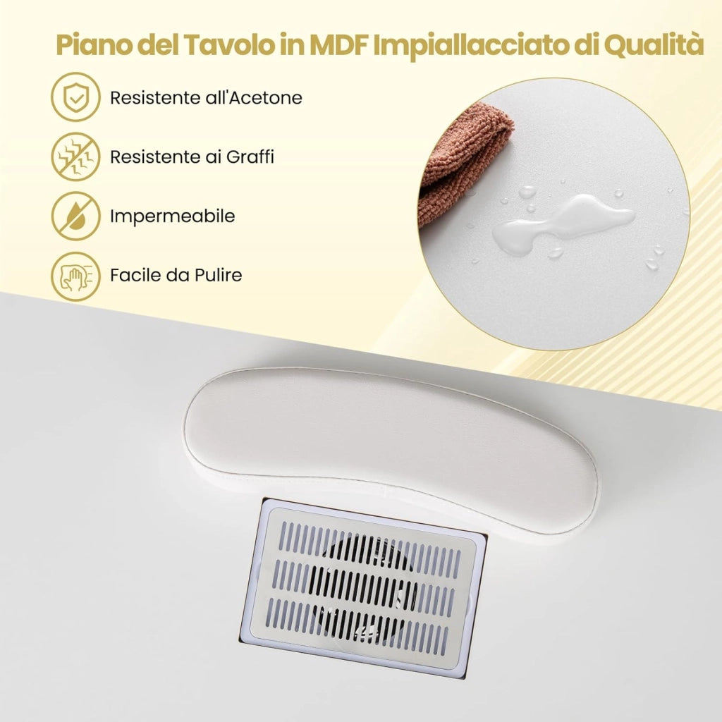 COSTWAY Tavolo Manicure con Aspirapolvere, Tavolo Unghie con Cassetti, Spina, 3 Sacchetti, Armadietto, Cuscino Poggia Polso e 8 Ruote blocabili, Banco Ricostruzione Unghie in Legno (Bianco)
