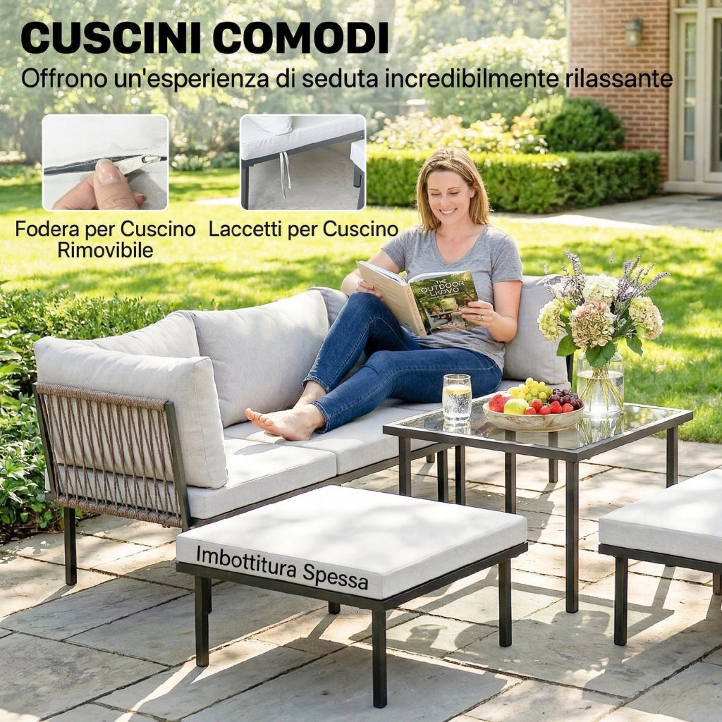Set Giardino Angolare 6 Posti con Cuscini ¨C Zephmum ¨C Grigio Chiaro Metallo
