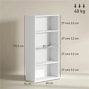 MOBILE LIBRERIA A 4 RIPIANI CON 2 SCAFFALI FLESSIBILI IN LEGNO 60X24X115.5 CM BIANCO