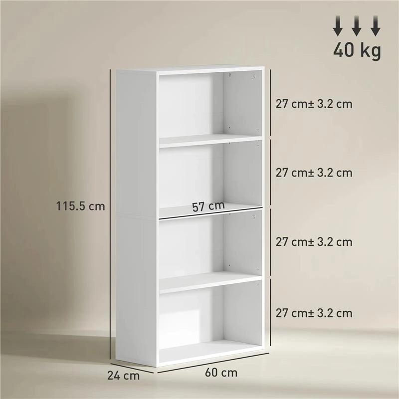 MOBILE LIBRERIA A 4 RIPIANI CON 2 SCAFFALI FLESSIBILI IN LEGNO 60X24X115.5 CM BIANCO
